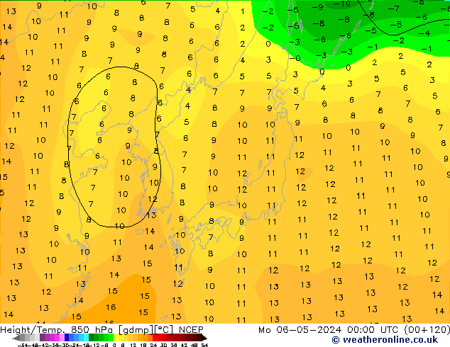 Height/Temp. 850 hPa NCEP Mo 06.05.2024 00 UTC