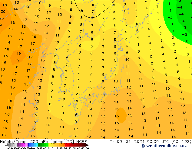 Height/Temp. 850 hPa NCEP czw. 09.05.2024 00 UTC