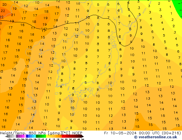 Geop./Temp. 850 hPa NCEP vie 10.05.2024 00 UTC