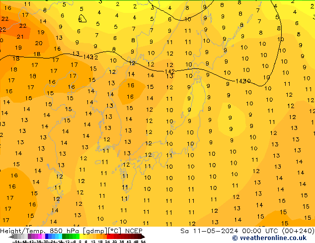 Height/Temp. 850 hPa NCEP Sa 11.05.2024 00 UTC