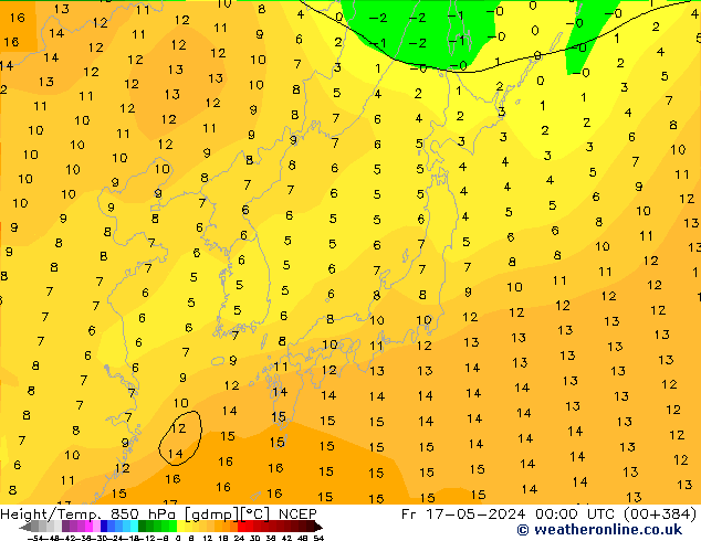 Hoogte/Temp. 850 hPa NCEP vr 17.05.2024 00 UTC