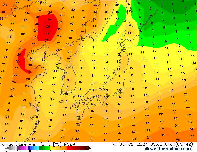 Max.temperatuur (2m) NCEP vr 03.05.2024 00 UTC