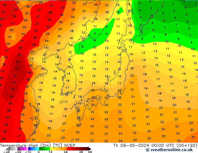 Max.temperatuur (2m) NCEP do 09.05.2024 00 UTC