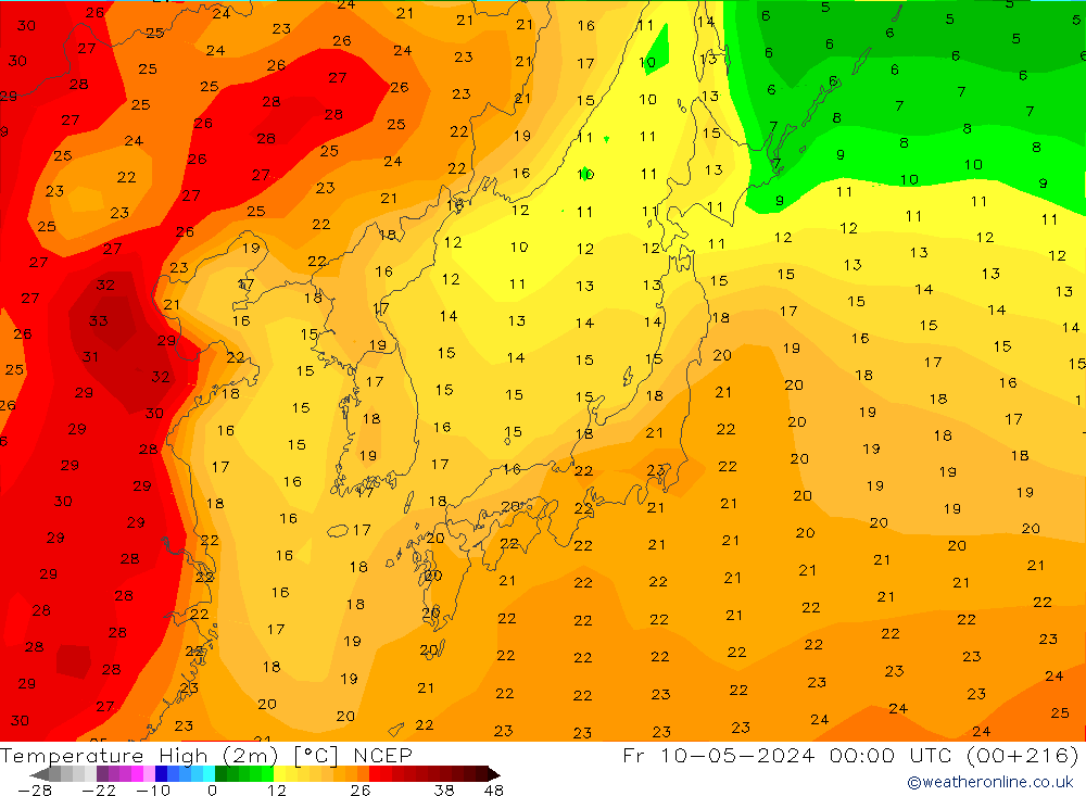 Temperature High (2m) NCEP Fr 10.05.2024 00 UTC