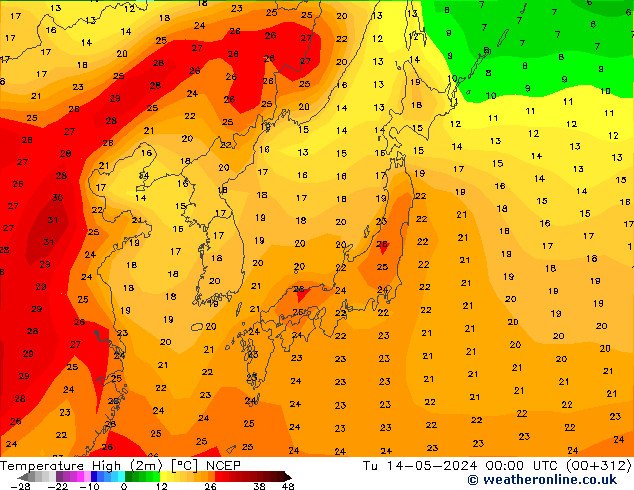 temperatura máx. (2m) NCEP Ter 14.05.2024 00 UTC