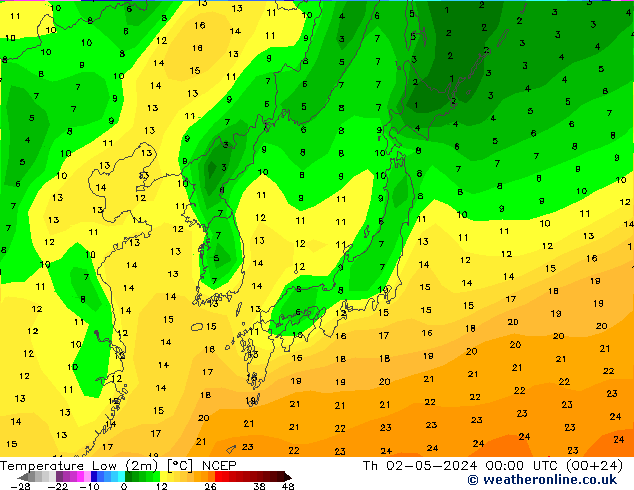 température 2m min NCEP jeu 02.05.2024 00 UTC