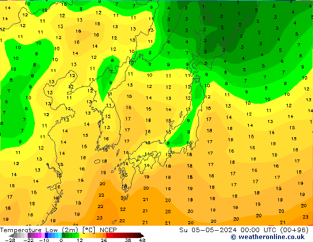 Min.temperatuur (2m) NCEP zo 05.05.2024 00 UTC