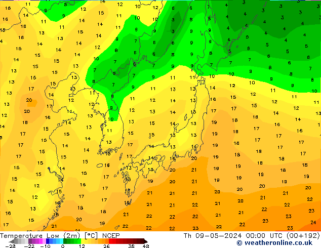 Temperatura mín. (2m) NCEP jue 09.05.2024 00 UTC