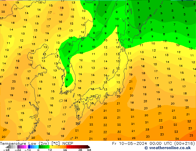 temperatura mín. (2m) NCEP Sex 10.05.2024 00 UTC