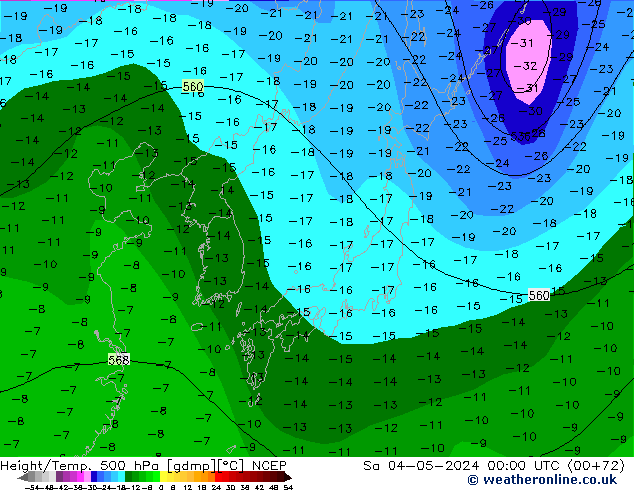 Height/Temp. 500 гПа NCEP сб 04.05.2024 00 UTC