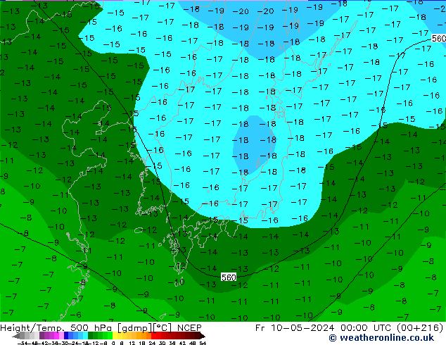 Hoogte/Temp. 500 hPa NCEP vr 10.05.2024 00 UTC