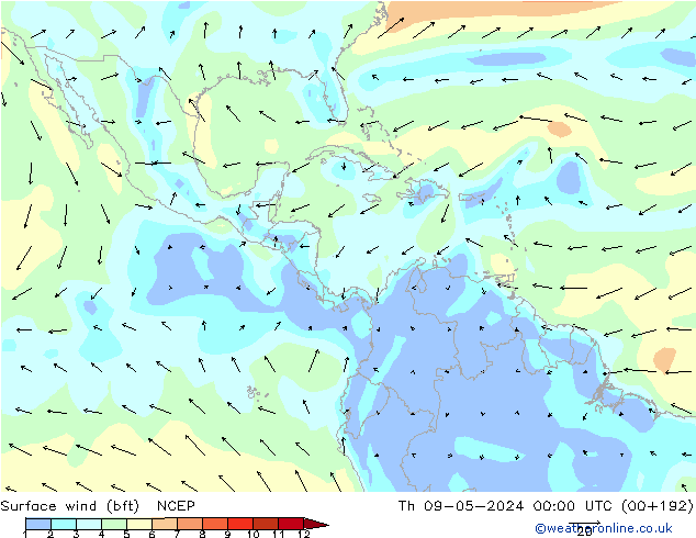 Vento 10 m (bft) NCEP gio 09.05.2024 00 UTC