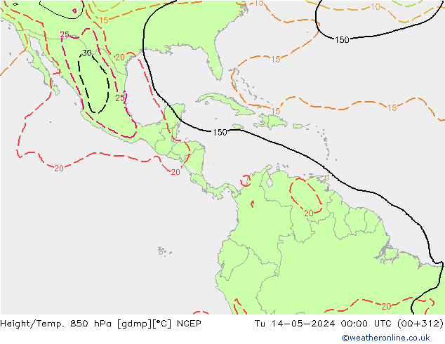 Hoogte/Temp. 850 hPa NCEP di 14.05.2024 00 UTC