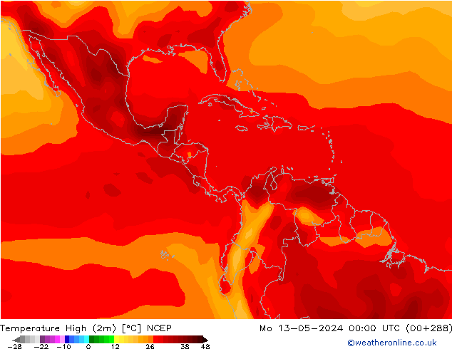 Max. Temperatura (2m) NCEP pon. 13.05.2024 00 UTC