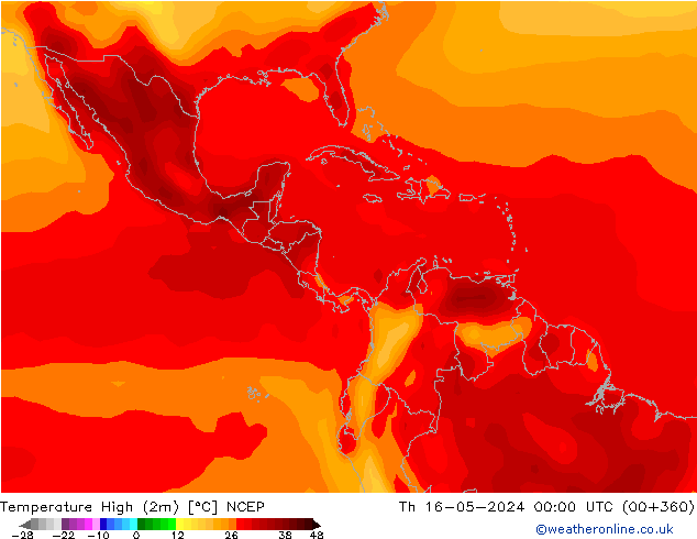 Nejvyšší teplota (2m) NCEP Čt 16.05.2024 00 UTC