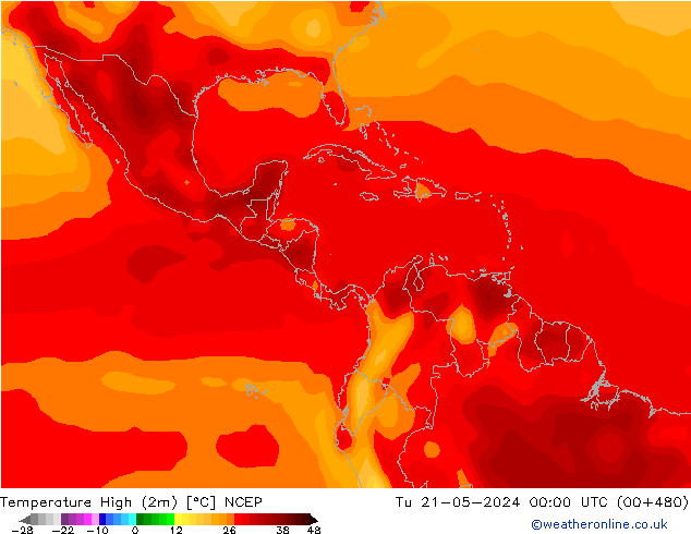 Nejvyšší teplota (2m) NCEP Út 21.05.2024 00 UTC