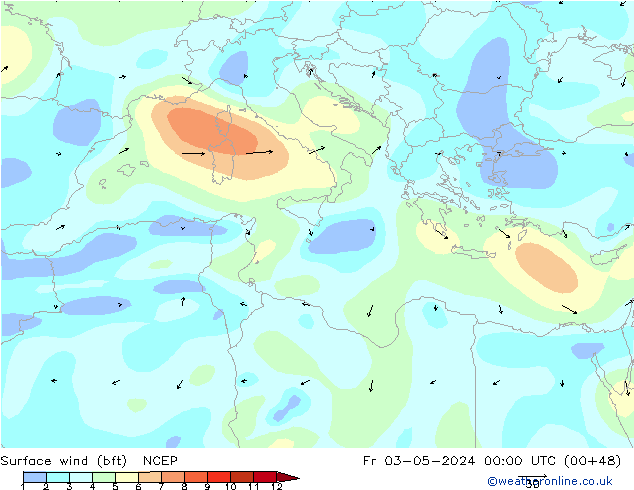 Surface wind (bft) NCEP Pá 03.05.2024 00 UTC