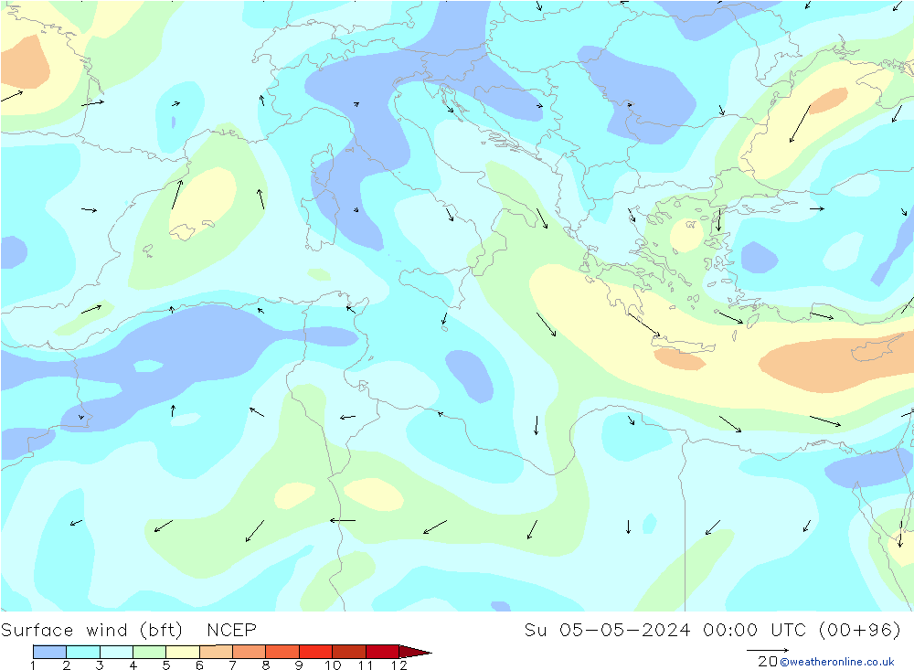 Viento 10 m (bft) NCEP dom 05.05.2024 00 UTC