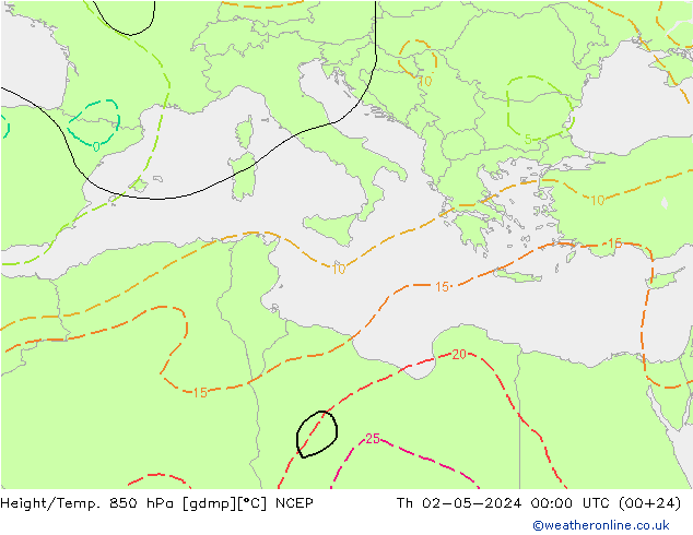 Height/Temp. 850 гПа NCEP чт 02.05.2024 00 UTC