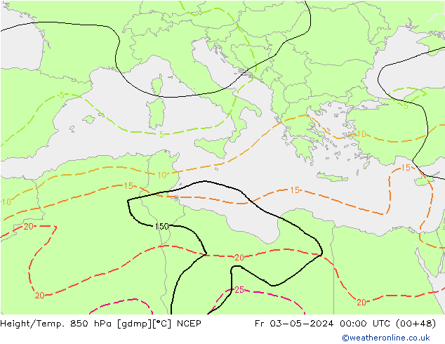 Height/Temp. 850 гПа NCEP пт 03.05.2024 00 UTC