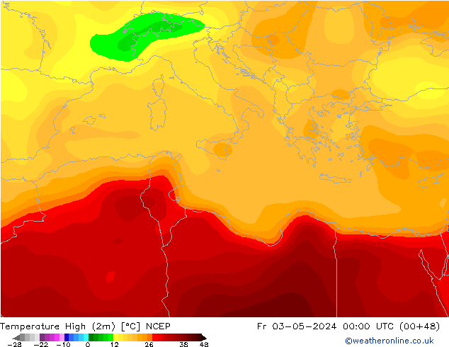 Max. Temperatura (2m) NCEP pt. 03.05.2024 00 UTC