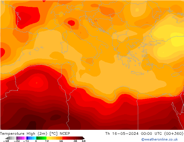 Max. Temperatura (2m) NCEP czw. 16.05.2024 00 UTC