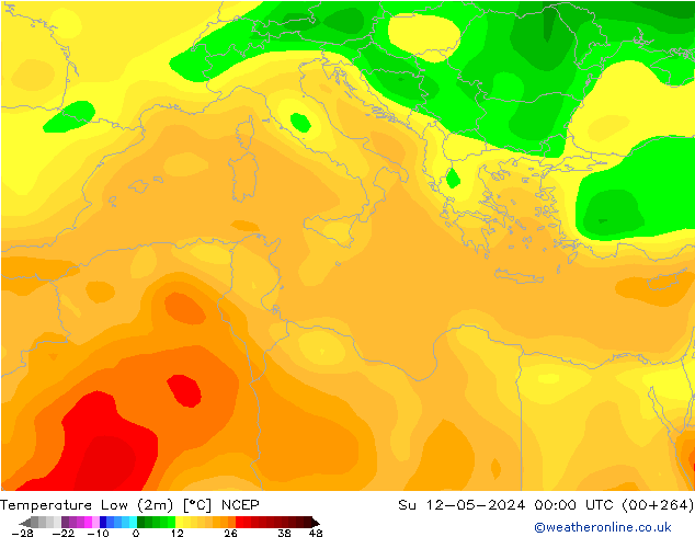 Min. Temperatura (2m) NCEP nie. 12.05.2024 00 UTC