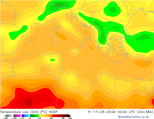 Min.temperatuur (2m) NCEP vr 17.05.2024 00 UTC