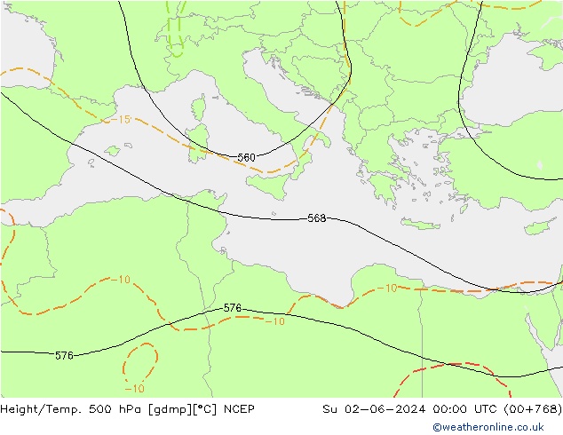 Geop./Temp. 500 hPa NCEP dom 02.06.2024 00 UTC