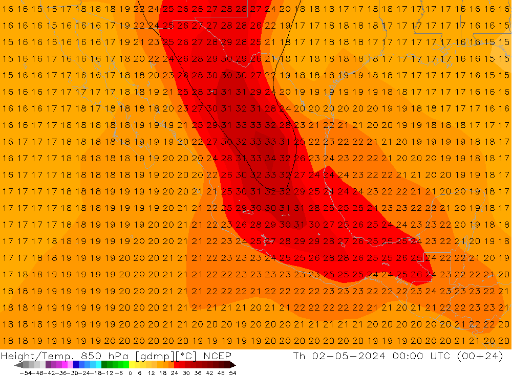 Geop./Temp. 850 hPa NCEP jue 02.05.2024 00 UTC