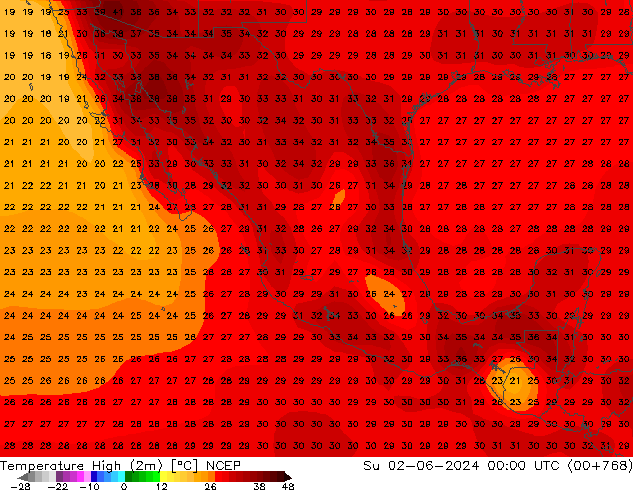 Max.temperatuur (2m) NCEP zo 02.06.2024 00 UTC