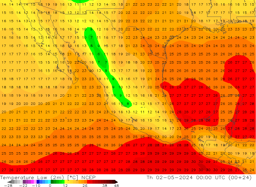 Nejnižší teplota (2m) NCEP Čt 02.05.2024 00 UTC