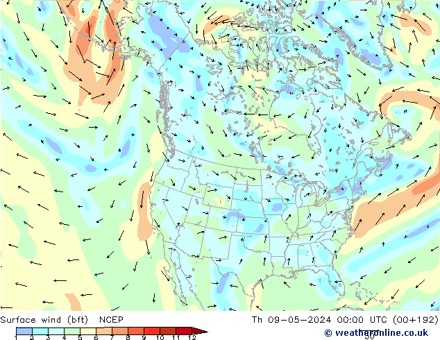 Surface wind (bft) NCEP Th 09.05.2024 00 UTC