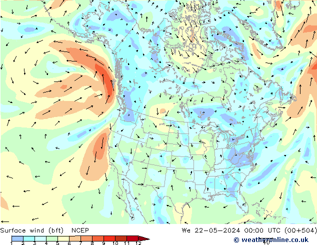 Vento 10 m (bft) NCEP mer 22.05.2024 00 UTC