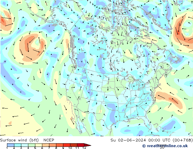 Bodenwind (bft) NCEP So 02.06.2024 00 UTC