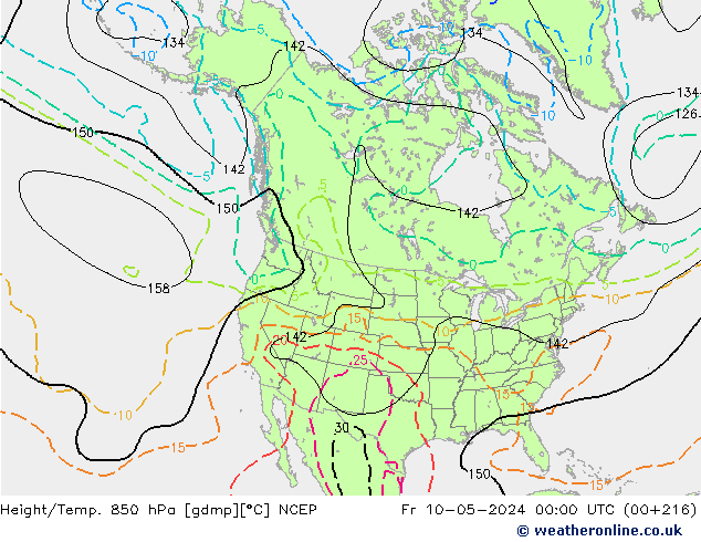 Geop./Temp. 850 hPa NCEP vie 10.05.2024 00 UTC