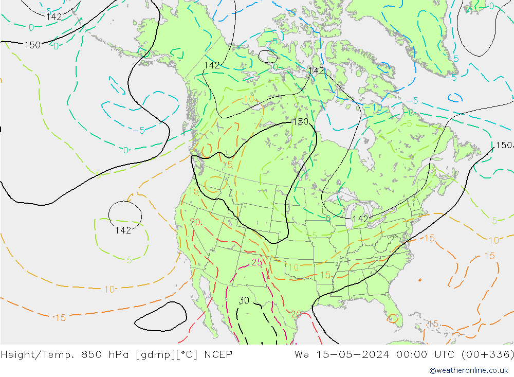 Hoogte/Temp. 850 hPa NCEP wo 15.05.2024 00 UTC