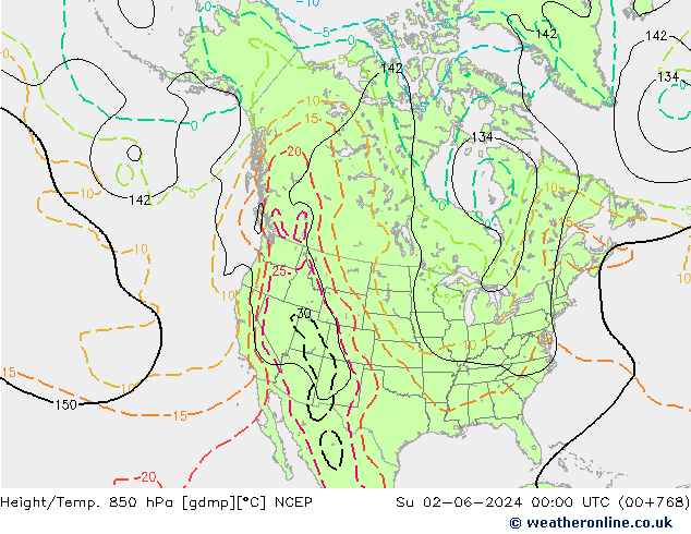 Géop./Temp. 850 hPa NCEP dim 02.06.2024 00 UTC