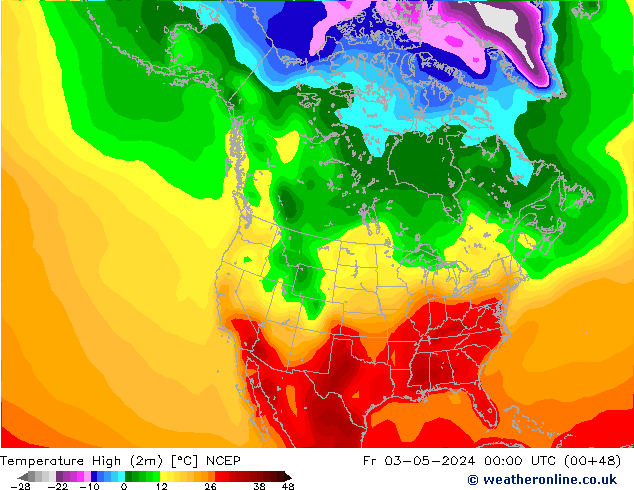 Max.temperatuur (2m) NCEP vr 03.05.2024 00 UTC