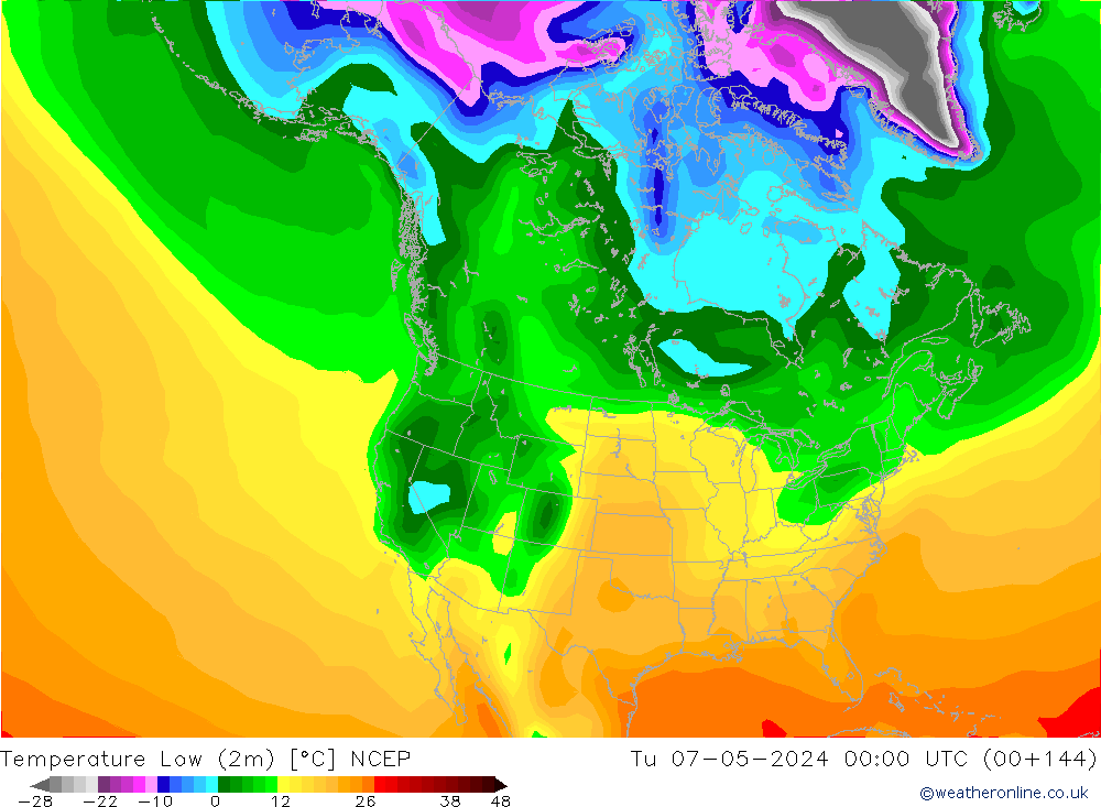 Min.temperatuur (2m) NCEP di 07.05.2024 00 UTC