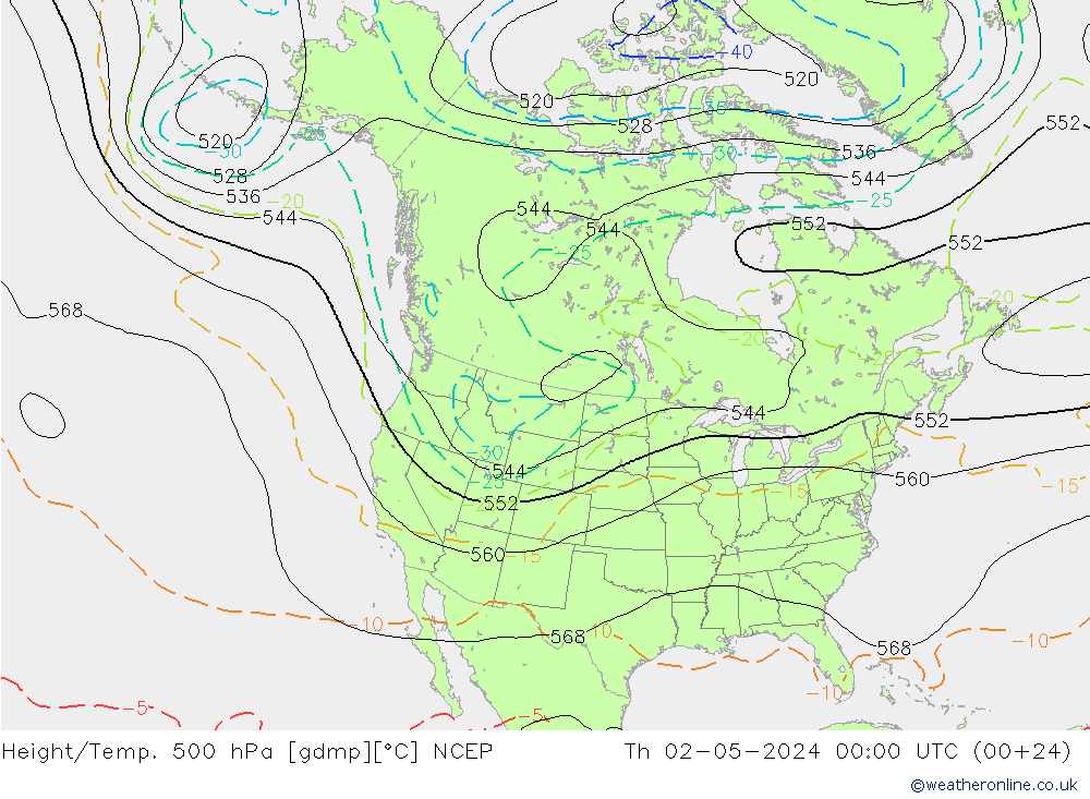 Height/Temp. 500 hPa NCEP Čt 02.05.2024 00 UTC