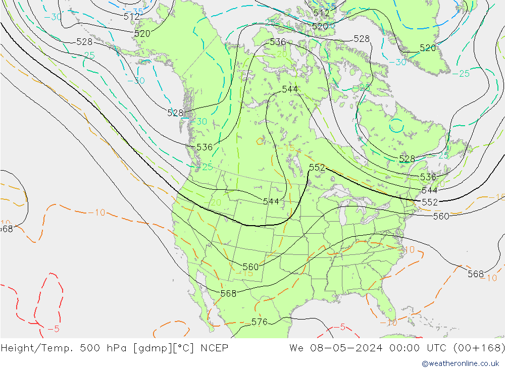 Hoogte/Temp. 500 hPa NCEP wo 08.05.2024 00 UTC