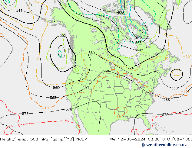 Height/Temp. 500 hPa NCEP Qua 12.06.2024 00 UTC