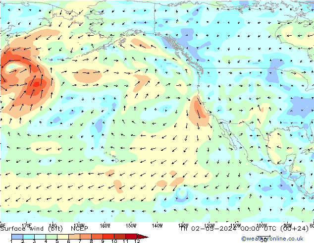 Surface wind (bft) NCEP Čt 02.05.2024 00 UTC