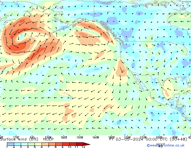 Surface wind (bft) NCEP Pá 03.05.2024 00 UTC