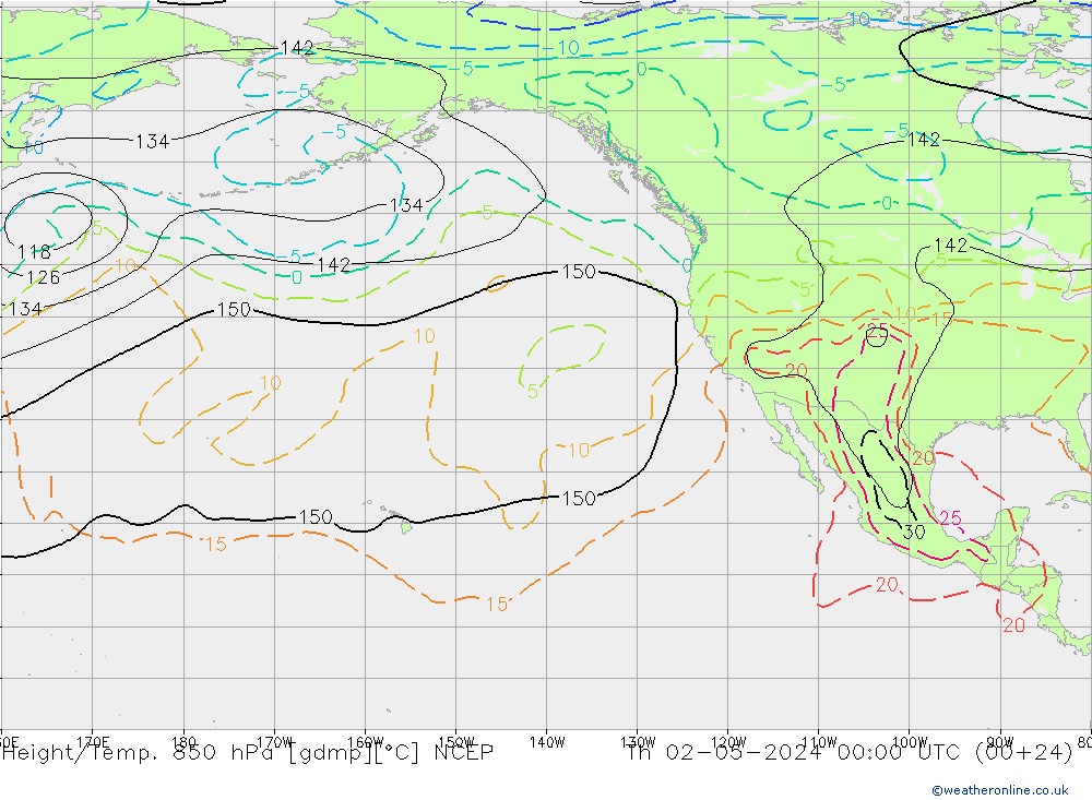 Height/Temp. 850 hPa NCEP gio 02.05.2024 00 UTC