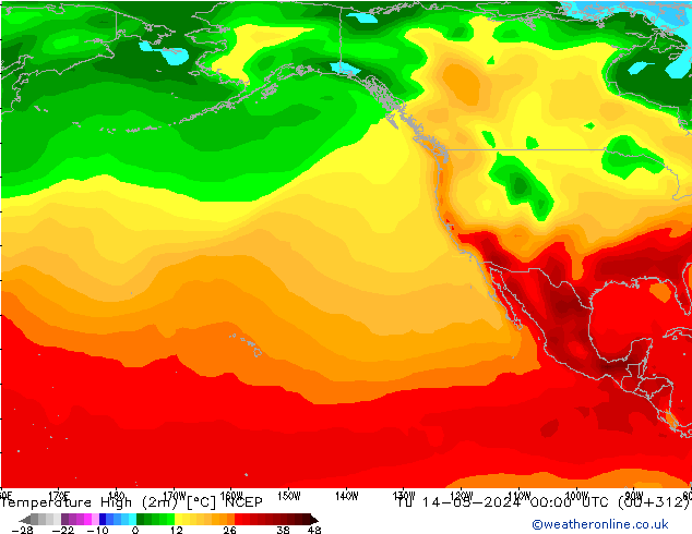 Max. Temperatura (2m) NCEP wto. 14.05.2024 00 UTC