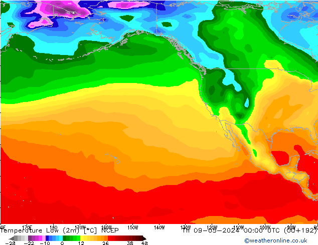 Nejnižší teplota (2m) NCEP Čt 09.05.2024 00 UTC