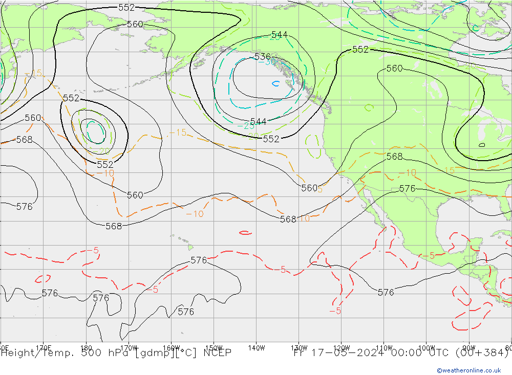 Hoogte/Temp. 500 hPa NCEP vr 17.05.2024 00 UTC