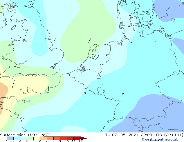 Surface wind (bft) NCEP Tu 07.05.2024 00 UTC